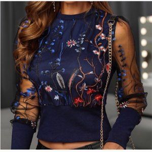 CBR Boutique embroiderd crop top Sz medium women's sheer long sleeves New NWT